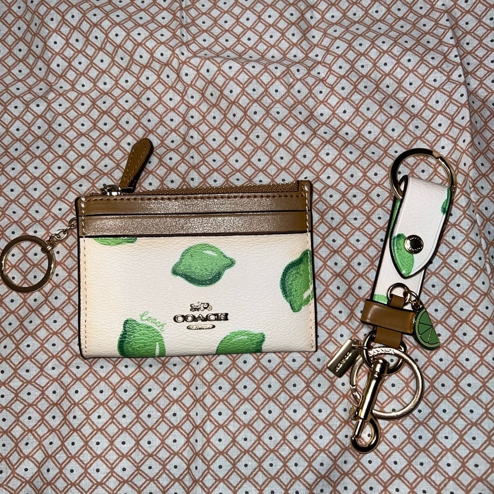 Coach White Leather Card Case with Green Lemon Print and Brown Trim